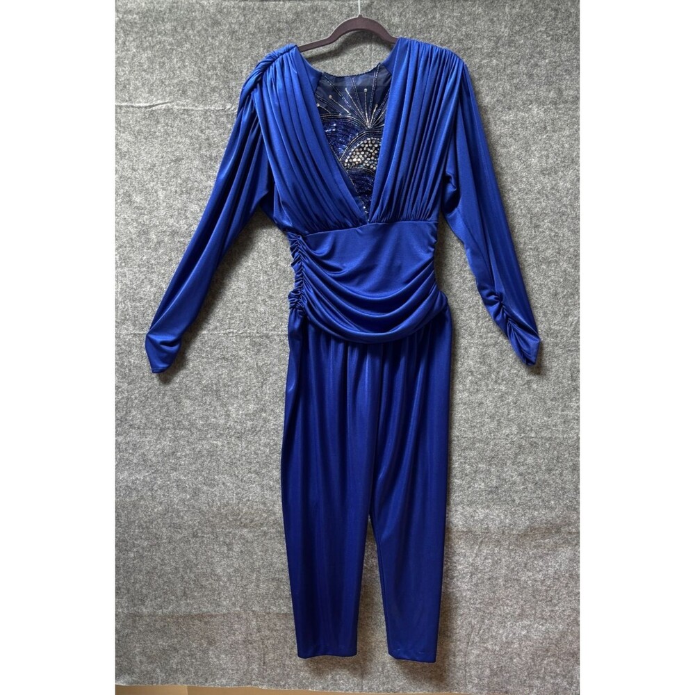 Vtg 80s Susan Roselli for Vijack Royal Blue Harem Jumpsuit Sequin V-Neck Small